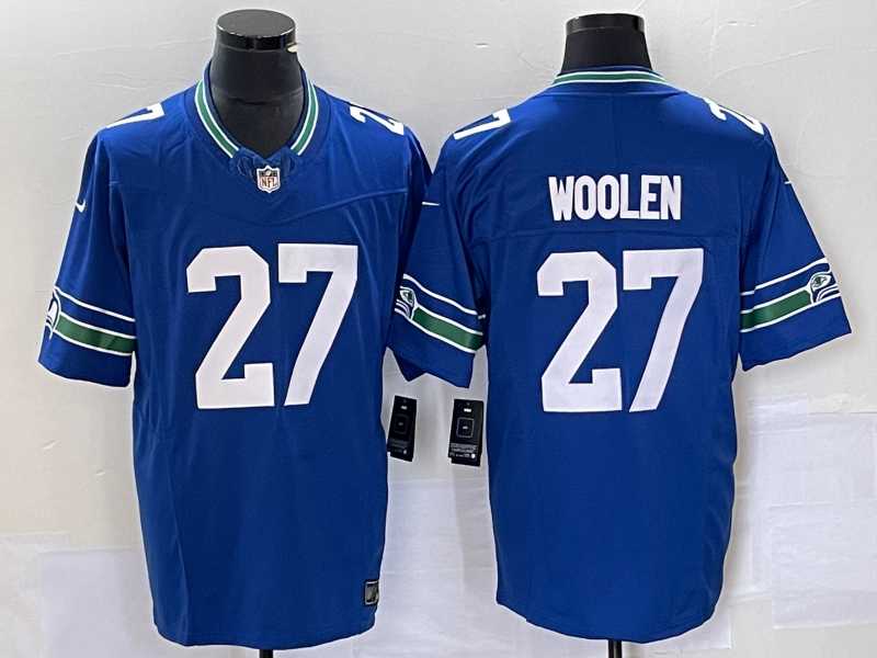 Mens Seattle Seahawks #27 Tariq Woolen Blue 2023 FUSE Vapor Limited Throwback Stitched Jersey